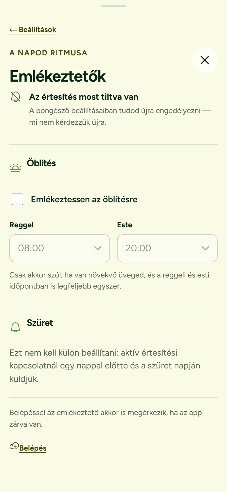 Sarj reminder settings: rinse reminder toggle with 08:00 and 20:00 slots, a note that harvest reminders need no setup, and a sign-in link for delivery while the app is closed.